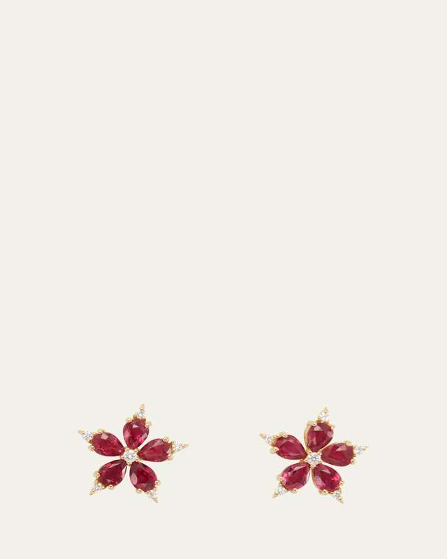 Yellow Gold Small Star Anis Earring with Ruby and Diamond